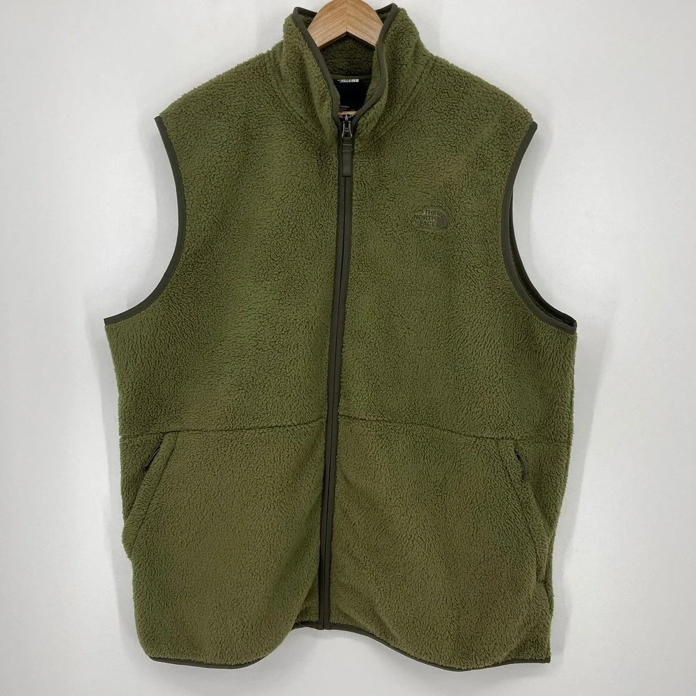 The North Face Mens XXL Olive Green Sherpa‎ Fleece Full Zip Vest Jacket